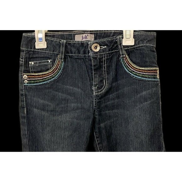 Jolt Girls Capri Denim Jeans Size 12 Blue Cuffed Embroidered Stud Pockets - Picture 4 of 10